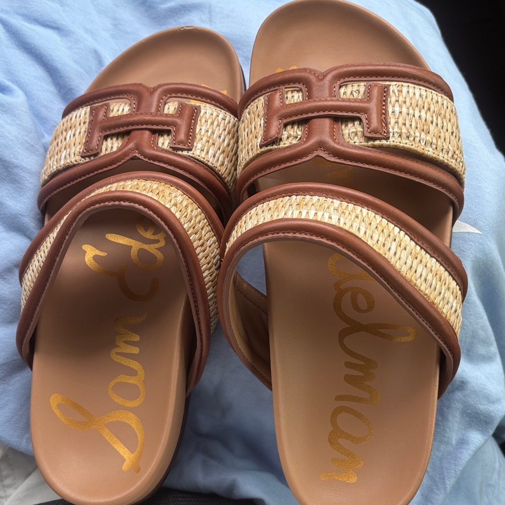 Sam Edelman Woven Brown and Tan Slide Sandals